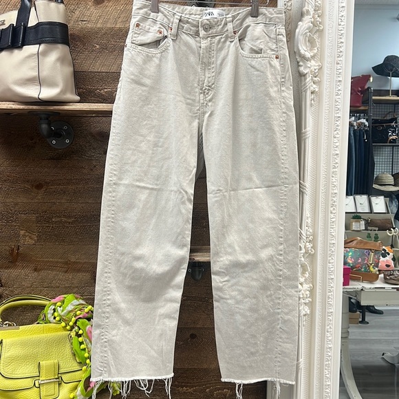 NEW Zara The Grunge Pant Jeans 4 Ivory High Rise Ankle Straight Wide Leg - Picture 1 of 3